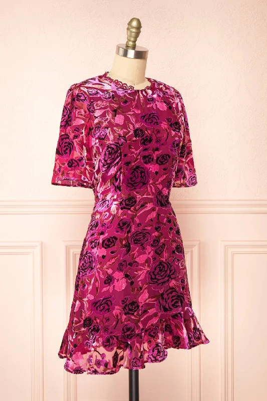 Eudine | Short Violet Velvet Floral Dress