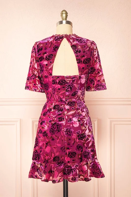 Eudine | Short Violet Velvet Floral Dress