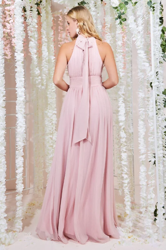 Goddiva Halterneck Chiffon Maxi With Thigh Split - Lightpink