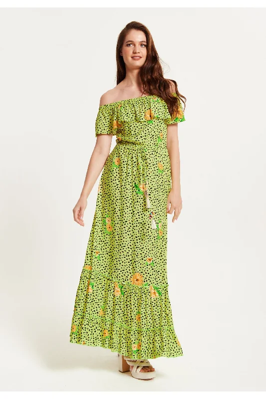 Liquorish Animal And Floral Print Off Shoulder Maxi Dress In Neon Green