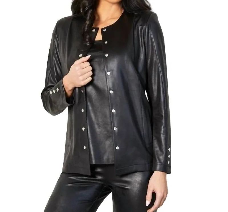 Vegan Leather Snap Front Cardigan In Black