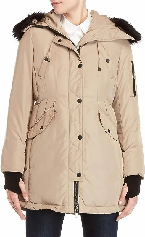 Women's Down Puffer Coat Hooded In Beige