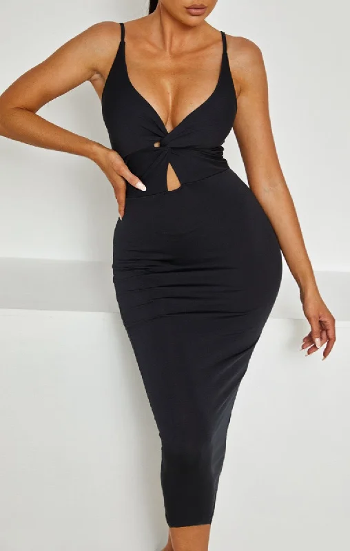 Black Plunge Knot Detail Cut Out Strappy Bodycon Midi Dress - Arrietty