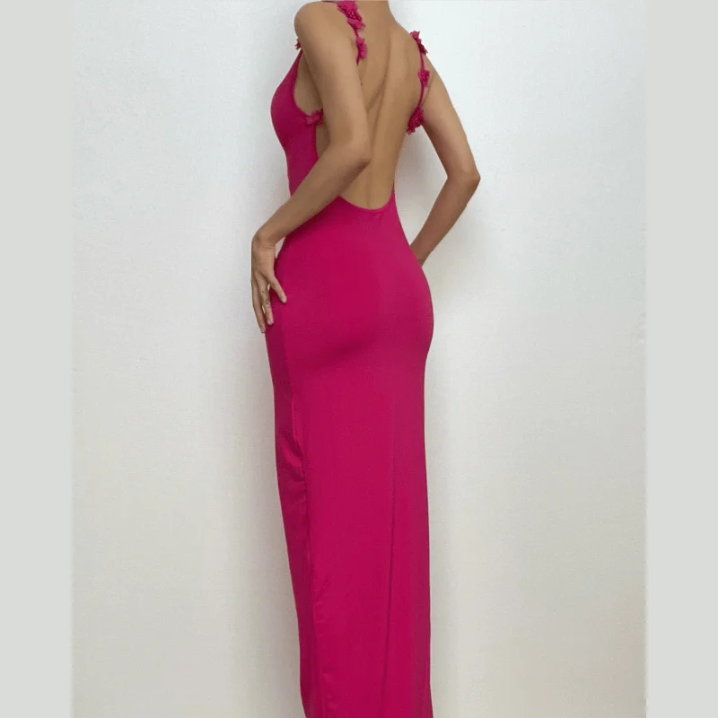 BerryBetty - Flower applique cowl neck backless solid maxi dress