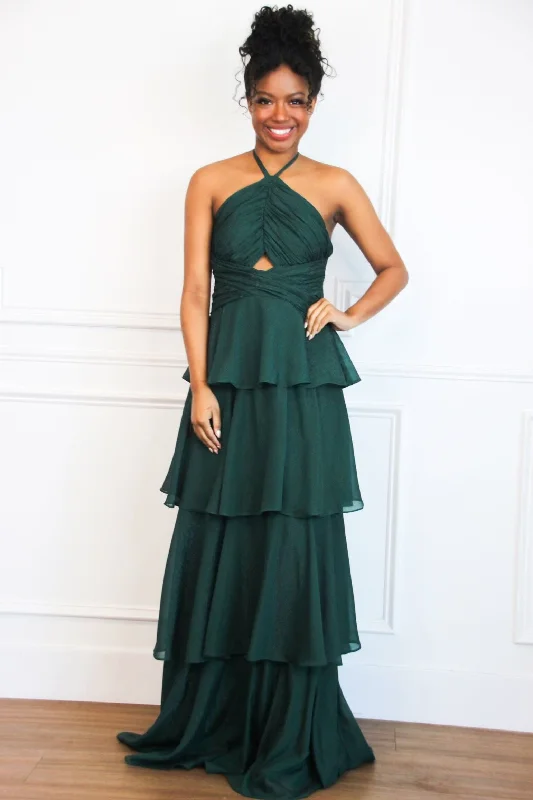 Gabriela High Neck Tiered Ruffle Shimmer Maxi Dress: Hunter Green