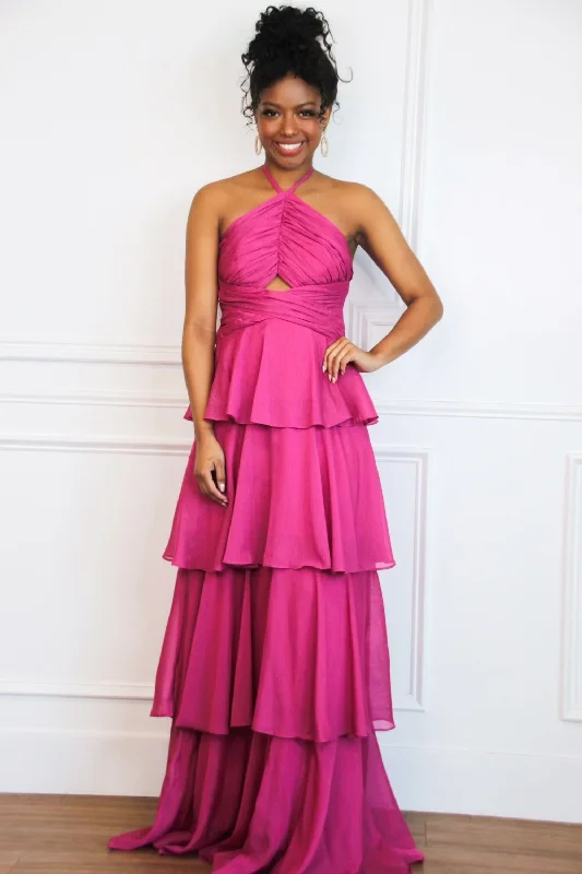 Gabriela High Neck Tiered Ruffle Shimmer Maxi Dress: Magenta