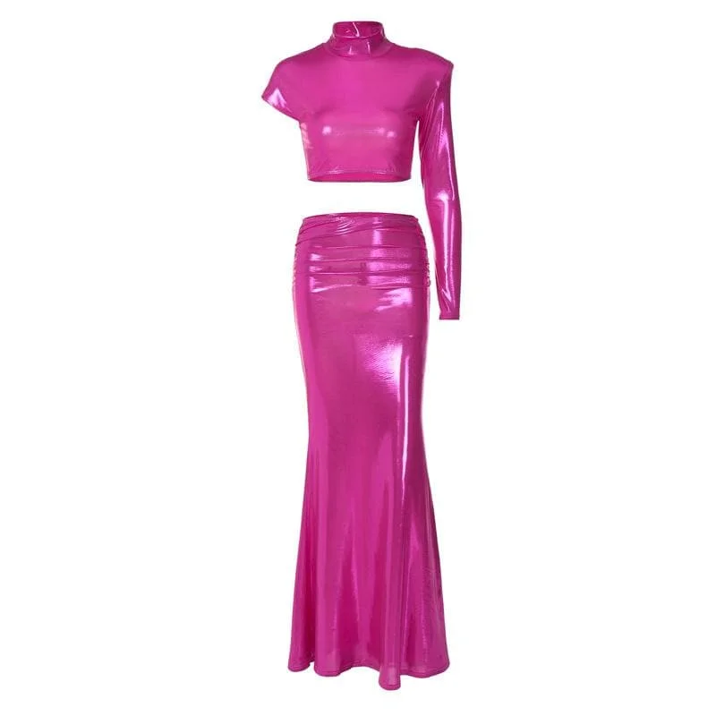 BerryBetty - High neck irregular padded metallic maxi skirt set