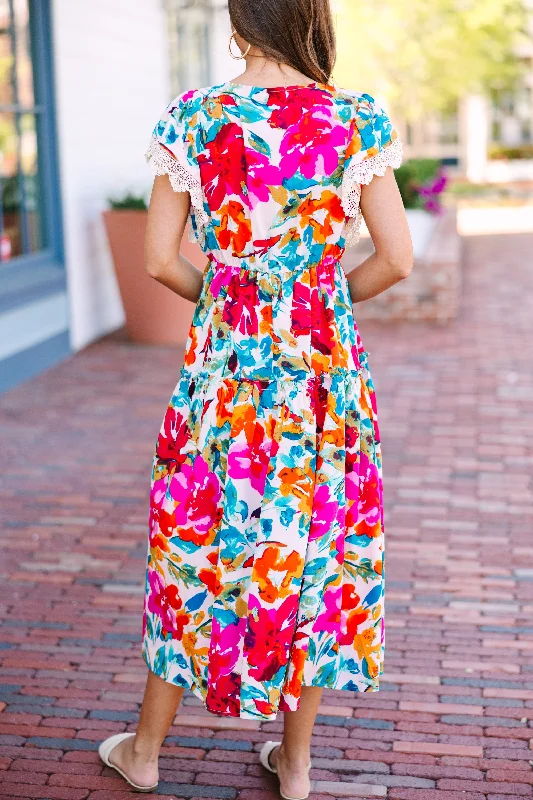 Just Imagine Cream White Multi Floral Midi Dress