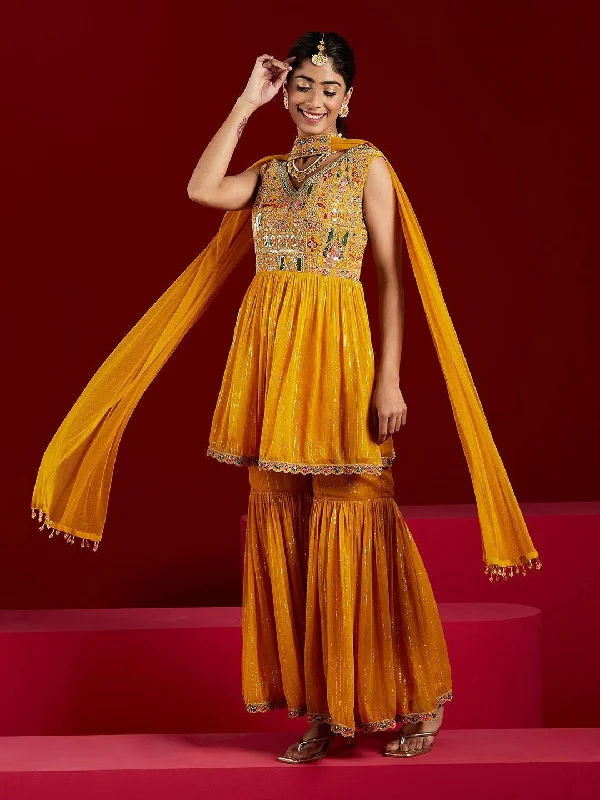 Libas Art Yellow Embroidered Chiffon A-Line Kurti With Sharara & Dupatta