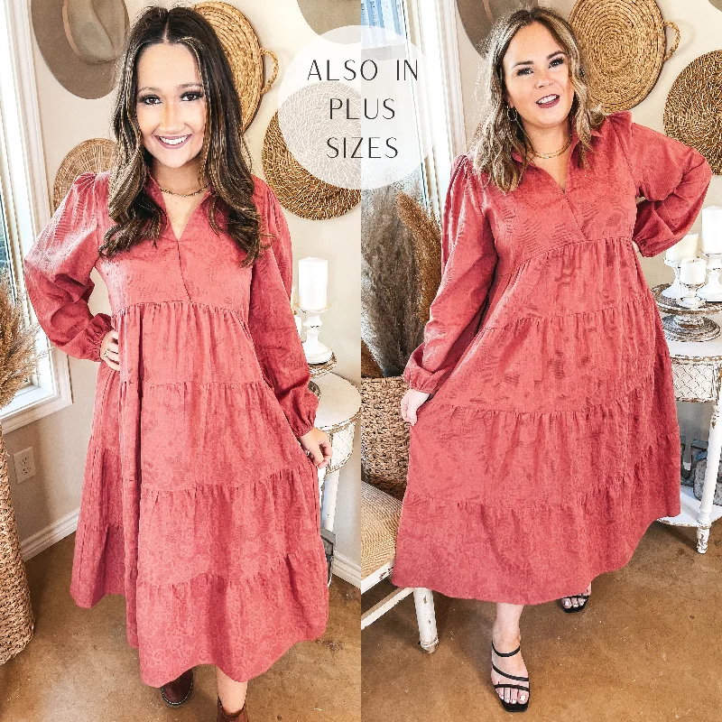 Sweet Glances Long Sleeve Tiered Midi Dress in Dusty Coral