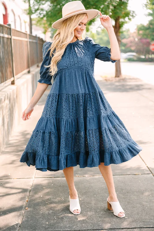 Making Moves Navy Blue Eyelet Midi Dress