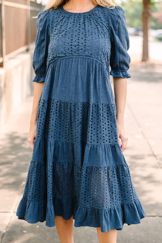 Making Moves Navy Blue Eyelet Midi Dress