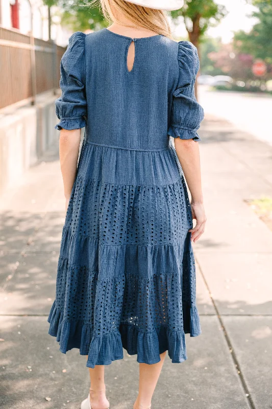 Making Moves Navy Blue Eyelet Midi Dress