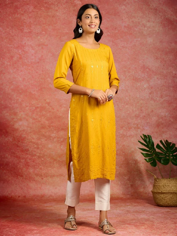 Mustard Sequins Rayon Straight Kurta