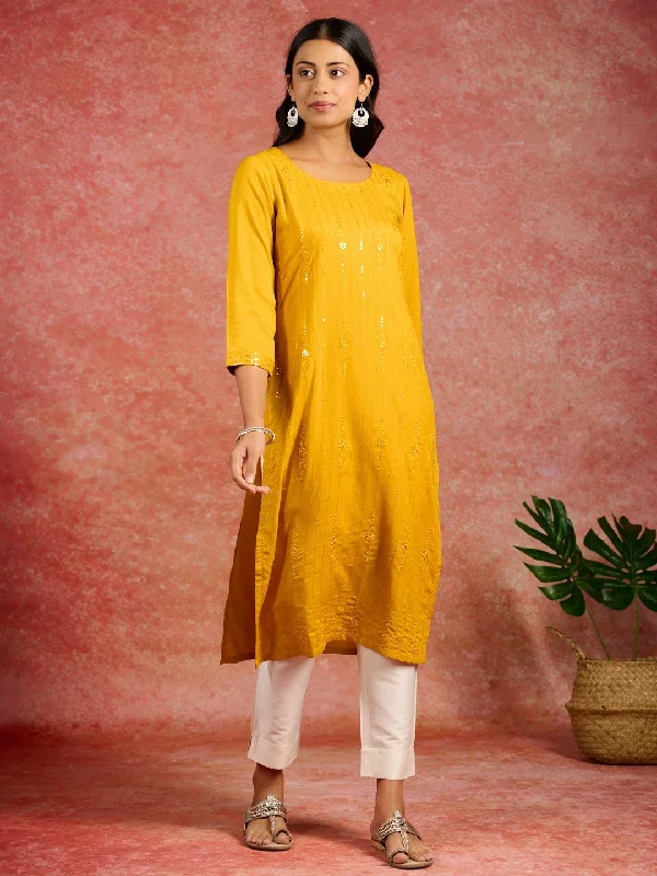 Mustard Sequins Rayon Straight Kurta