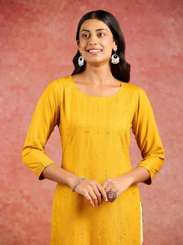 Mustard Sequins Rayon Straight Kurta