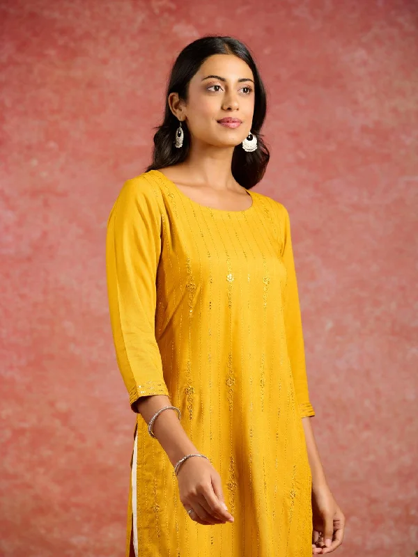 Mustard Sequins Rayon Straight Kurta