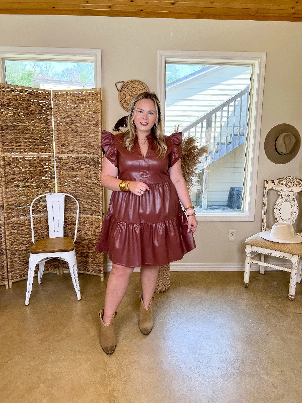 Last Chace Size Small & XL | Magnolia Morning Ruffle Cap Sleeve Faux Leather Short Dress in Brown