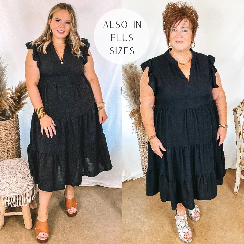 Last Chance Size Small | Magnolia Morning Ruffle Cap Sleeve Tiered Midi Dress in Black