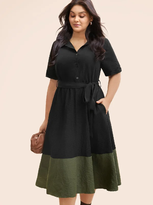 Shirt Collar Contrast Patchwork Belted Midi Dress