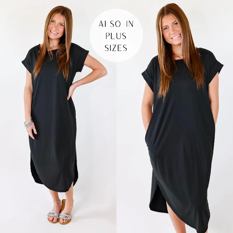 Last Chance Size Medium & XL | Chill Looks Short Sleeve Thin Ribbed Midi Dress in Black