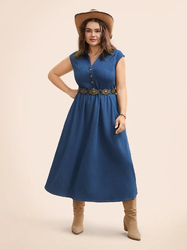 Stretch Denim Pleated Stand-up Collar Midi Dress