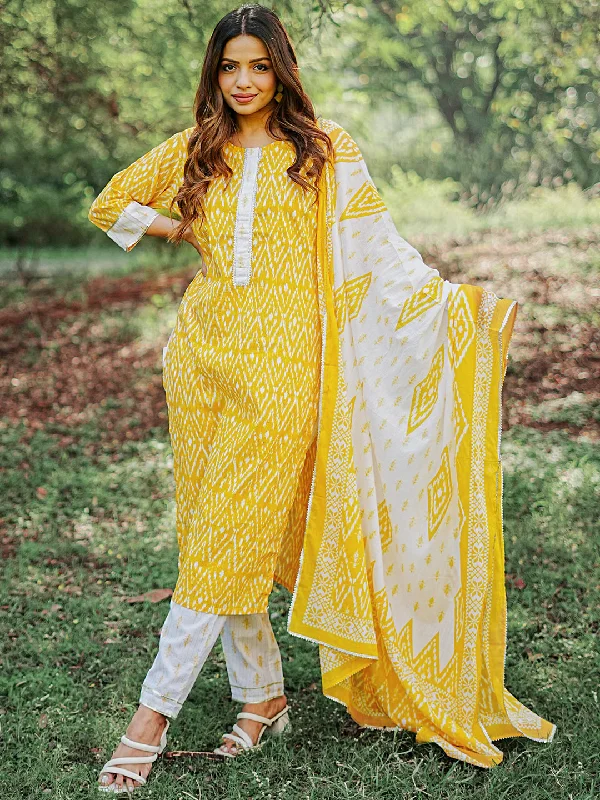 Yellow Printed Cotton Straight Suit With Dupatta